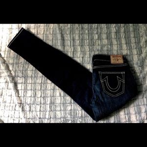 New True Religion Logo Dark Denim White Stitch Stretch Stella Skinny Jeans Sz 29